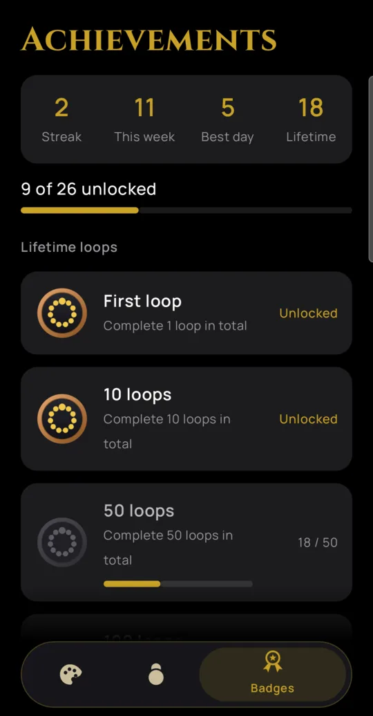 Achievements screen showing streak, weekly and lifetime loop stats and badge progress