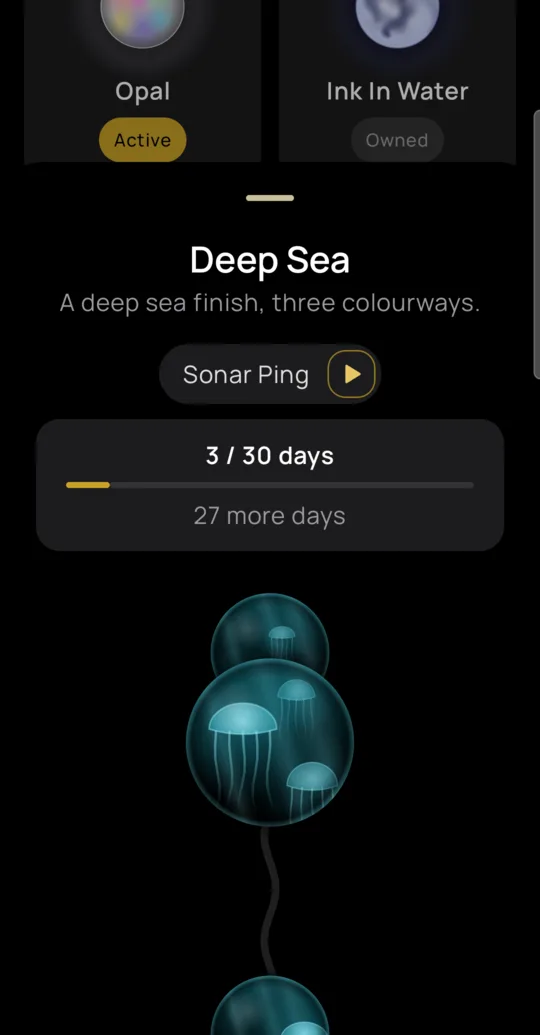 Deep Sea theme preview with jellyfish beads and a 30 day unlock progress bar