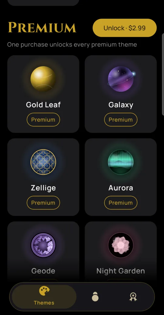 Theme picker listing Gold Leaf, Galaxy, Zellige, Aurora, Geode and Night Garden